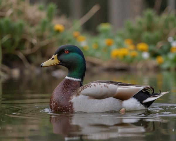Male Mallard Duck on Serene Pond with Flowers