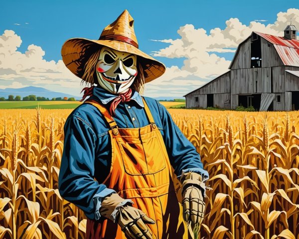 Whimsical Scarecrow in Golden Cornfield Scene