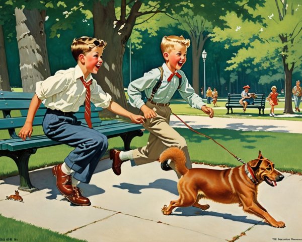 Vibrant Park Scene with Boys and Playful Dog