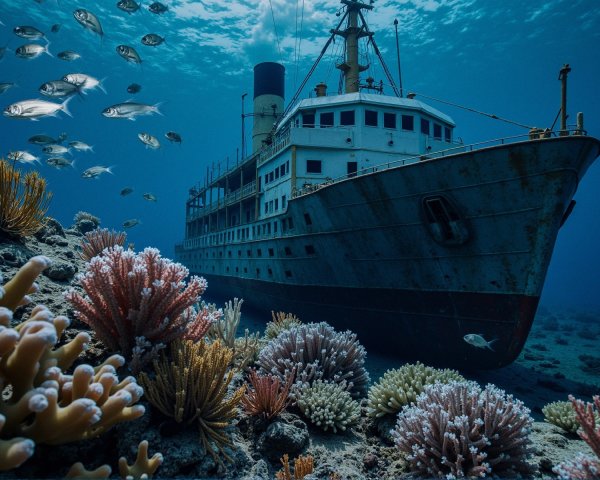 Old shipwreck surrounded by coral reefs and marine life