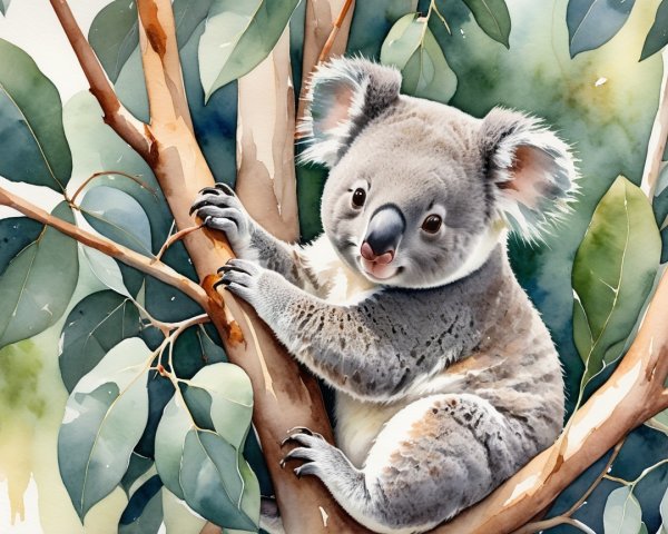 Koala on Branch Surrounded by Eucalyptus Leaves