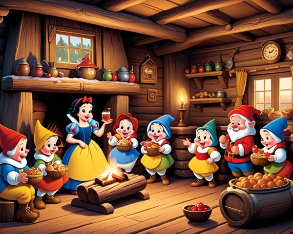 Snow White and Dwarfs Gather in Cozy Cabin Scene
