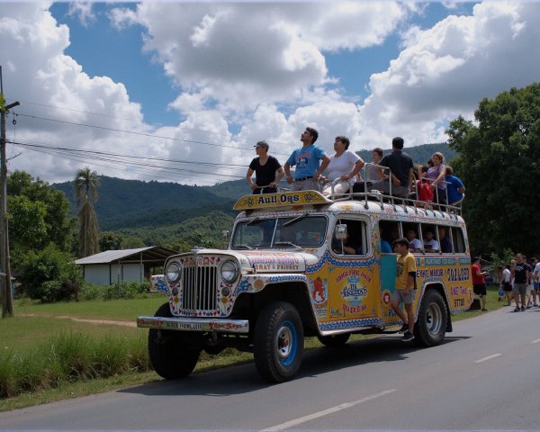 Colorful Bus Journey Through Scenic Rural Landscape
