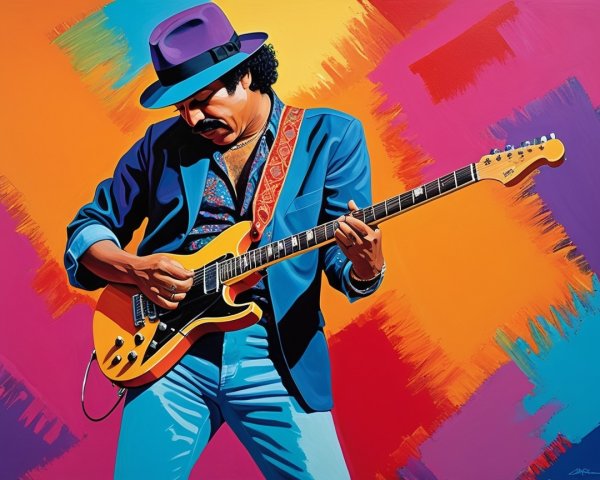 Colorful painting of a guitarist with electric guitar