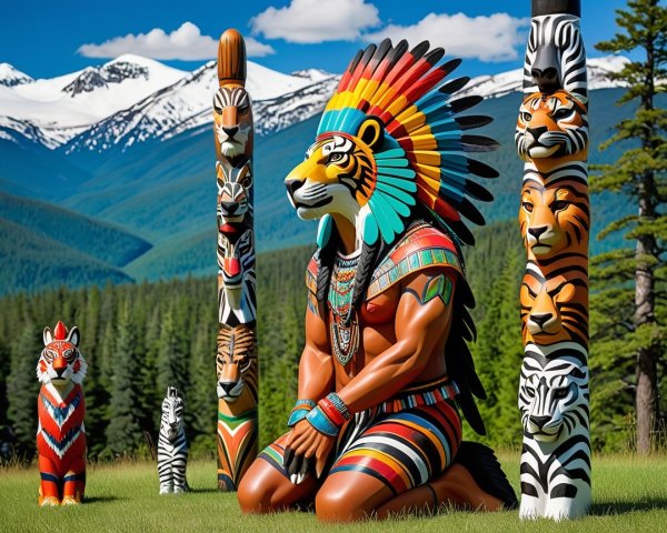 Kneeling Tribal Warrior Statue with Totem Poles and Nature