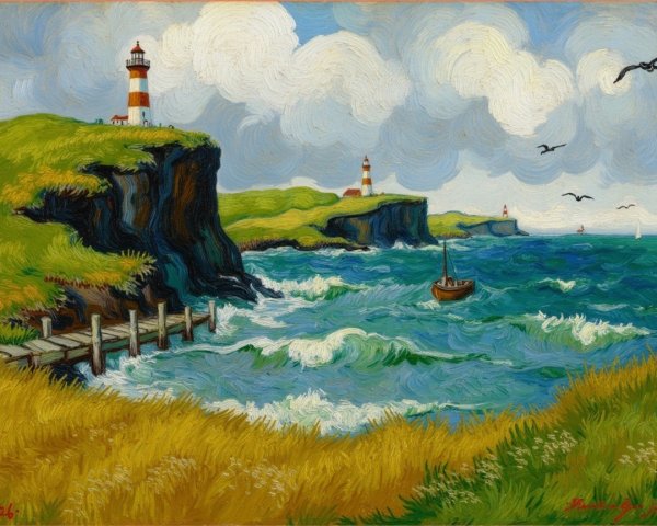 Coastal Landscape with Cliffs, Lighthouses, and Waves