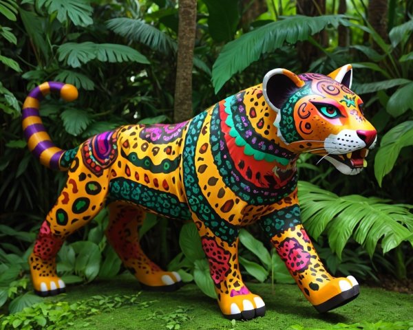 Vibrant Stylized Leopard Sculpture in Green Foliage
