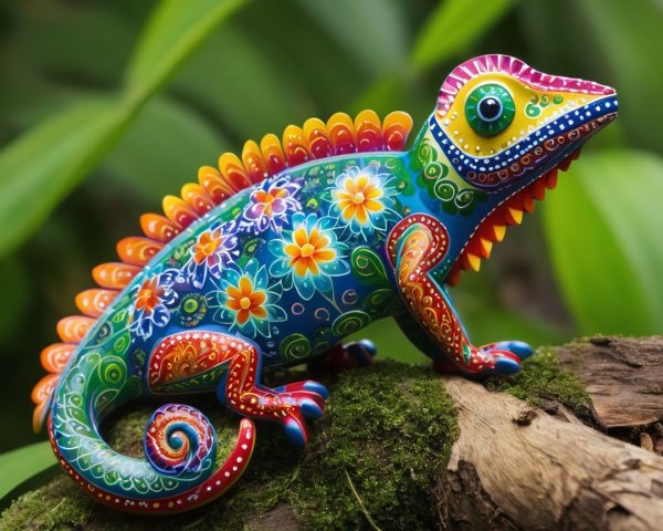 Vibrant Chameleon with Floral Patterns on Log