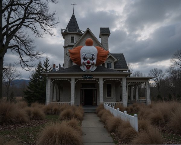 Whimsical Clown Head on Victorian House Facade