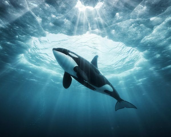 Orca Killer Whale Underwater in Sunlit Blue Water