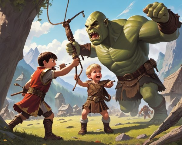 Boys in Medieval Attire Confronting a Green Ogre