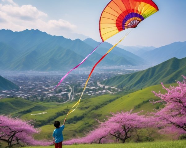 Child with colorful kite on green hillside with mountains
