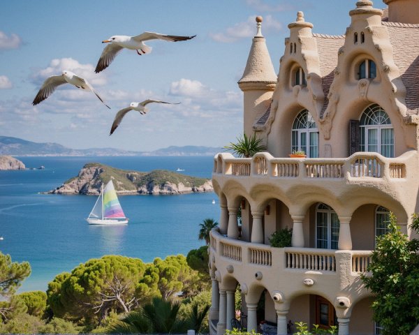 Coastal Scene with Ornate Building and Sailboats