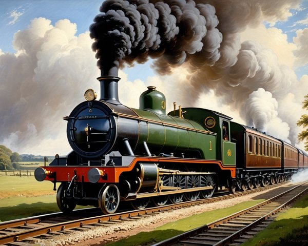 Vintage steam locomotive on countryside track with smoke