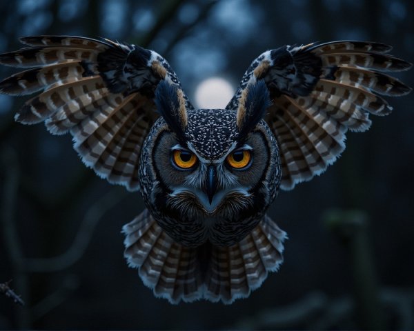 Majestic Owl Soaring in Twilight Forest Shadows
