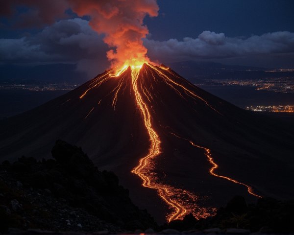 Nighttime Volcanic Eruption with Flowing Lava and City Lights