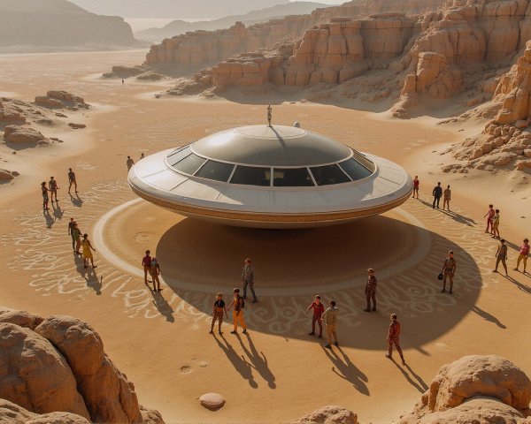 Futuristic Spaceship in Desert Landscape with People