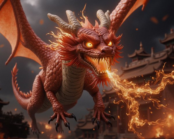 Red Dragon Flying in Stormy Sky with Asian Architecture