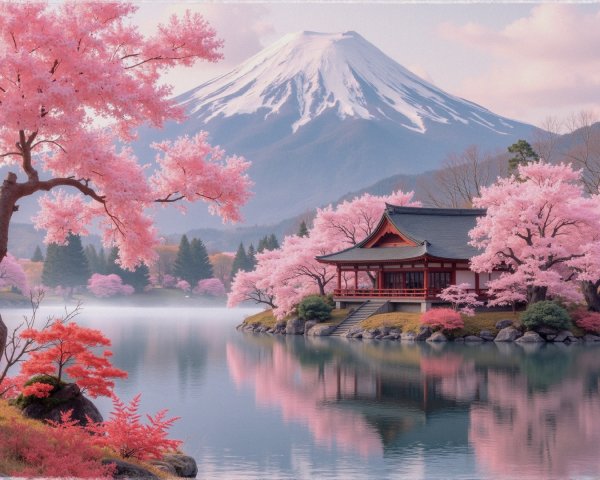 Mount Fuji and Cherry Blossoms by Tranquil Lake