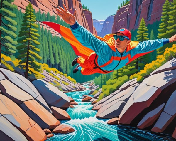 Colorful superhero soaring over a picturesque canyon