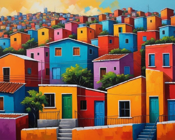 Colorful hillside houses with vibrant city backdrop