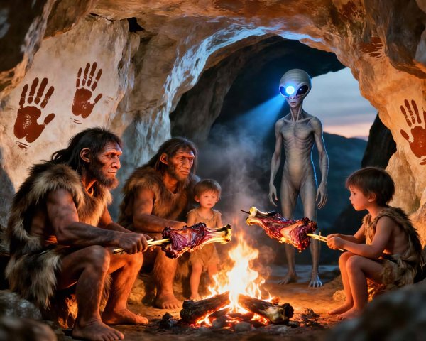 Neanderthal Family Cooking in Cave with Alien Observer