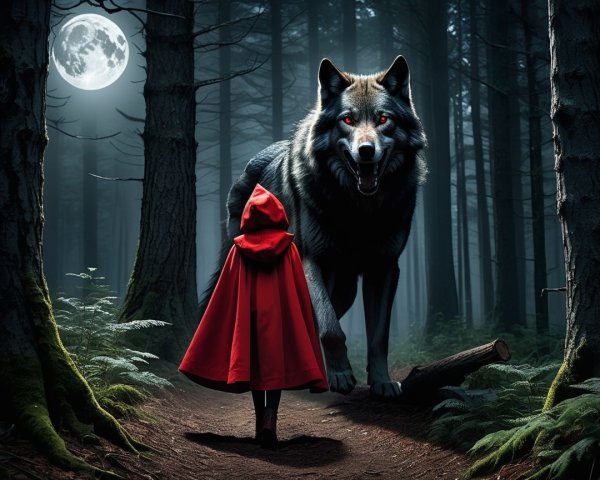 Enchanted forest scene with cloaked figure and wolf