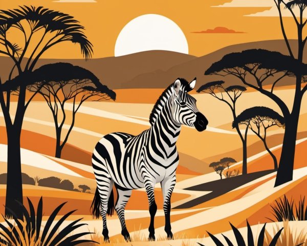 Stylized Zebra in Vibrant Sunset Landscape