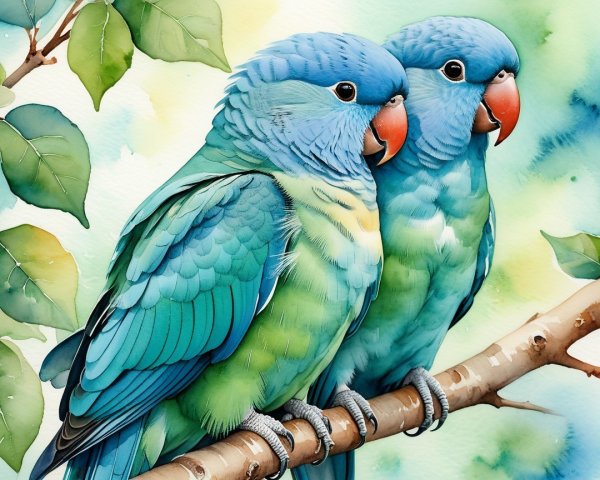 Vibrant Blue and Green Parrots on a Branch