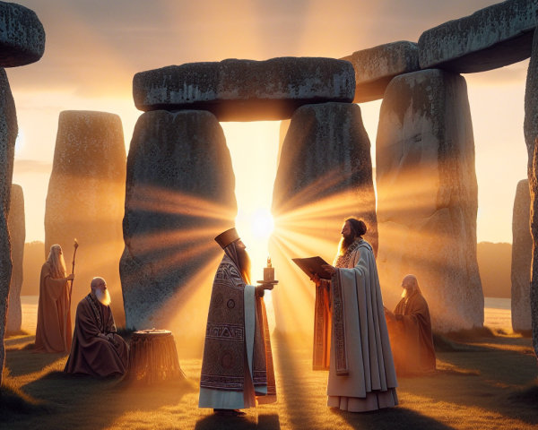 Ceremonial Figures at Stonehenge in Sunlit Rituals