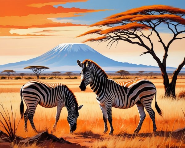 Zebras Grazing in a Sunset Savanna Landscape