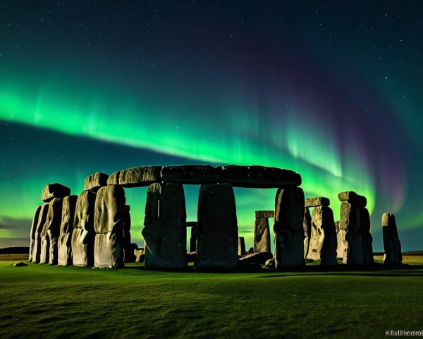 Stonehenge Under Aurora Borealis at Night