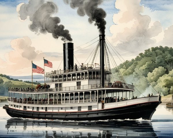 Historic Steamboat Navigating River with Passengers