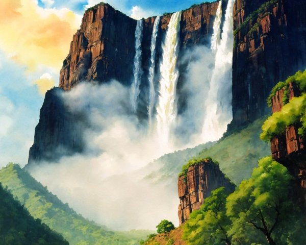 Towering Mountain with Cascading Waterfalls and Greenery