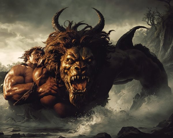 Lion-Warrior Creature Emerges from Stormy Waves