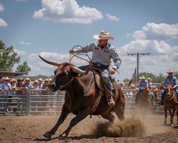 Cowboy Riding Bucking Bull in Lively Rodeo Scene