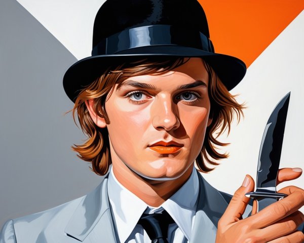 Young man in gray suit and bowler hat with knife