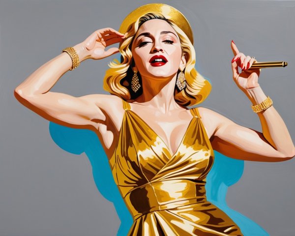 Glamorous Figure in Golden Dress with Microphone