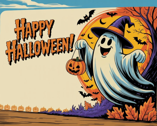 Cheerful ghost with pumpkin and Halloween decorations