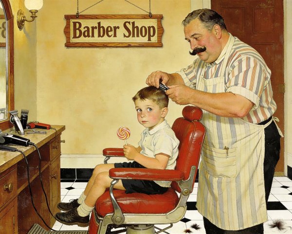 Barber Cutting Young Boy's Hair in Classic Barbershop