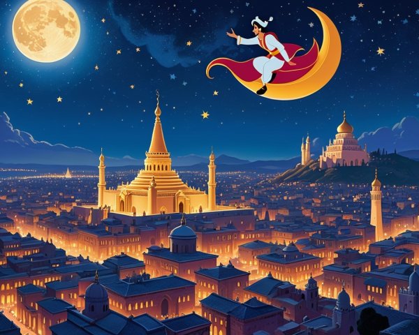 Whimsical Arabian Cityscape at Night with Moonlit Details