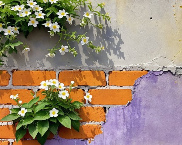 White Flowers Against Textured Grey and Purple Wall