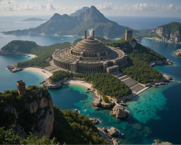 Futuristic Structure on a Lush Green Island Landscape