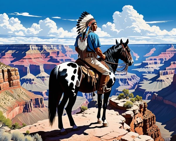 Native American Warrior Overlooking Grand Canyon景色