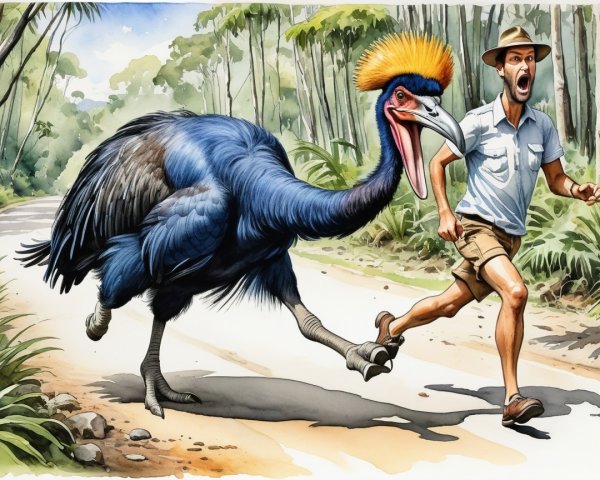 Watercolor of a man chased by a cassowary in jungle