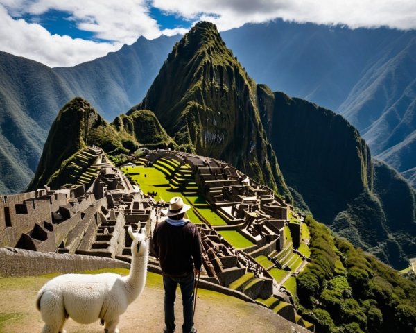 Person on Rocky Outcrop Overlooking Machu Picchu Ruins