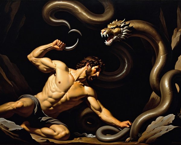 Muscular Hero Battles Menacing Serpent in Dark Terrain