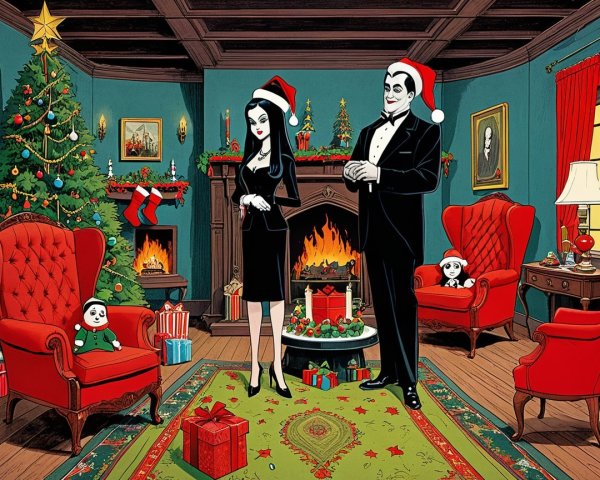 Festive Living Room with Holiday Decorations and Couple