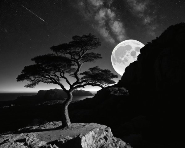 Solitary Tree on Rocky Outcrop Under Full Moon