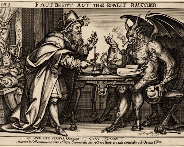 Engraving of a man and a monster at a table
